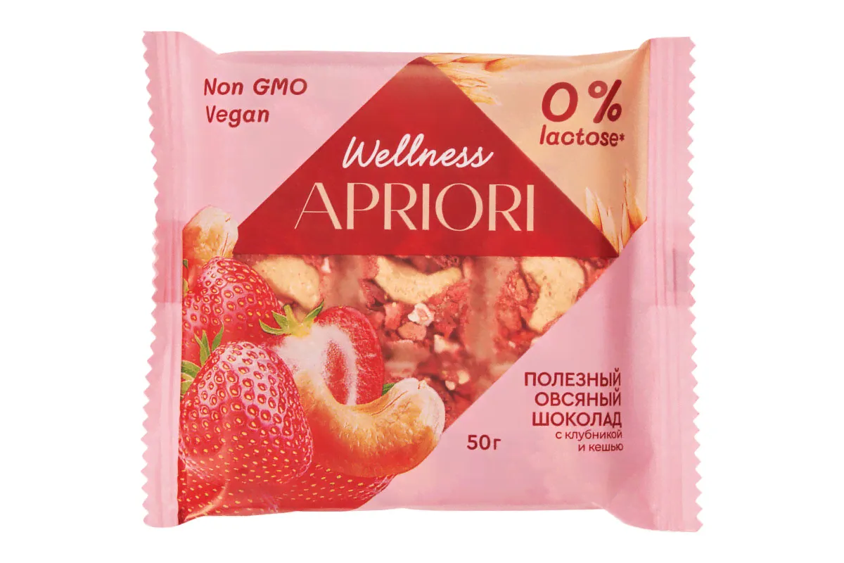 Плитка шоколадная APRIORI Wellness с кешью и клубникой овсяная, Россия, 50г-0